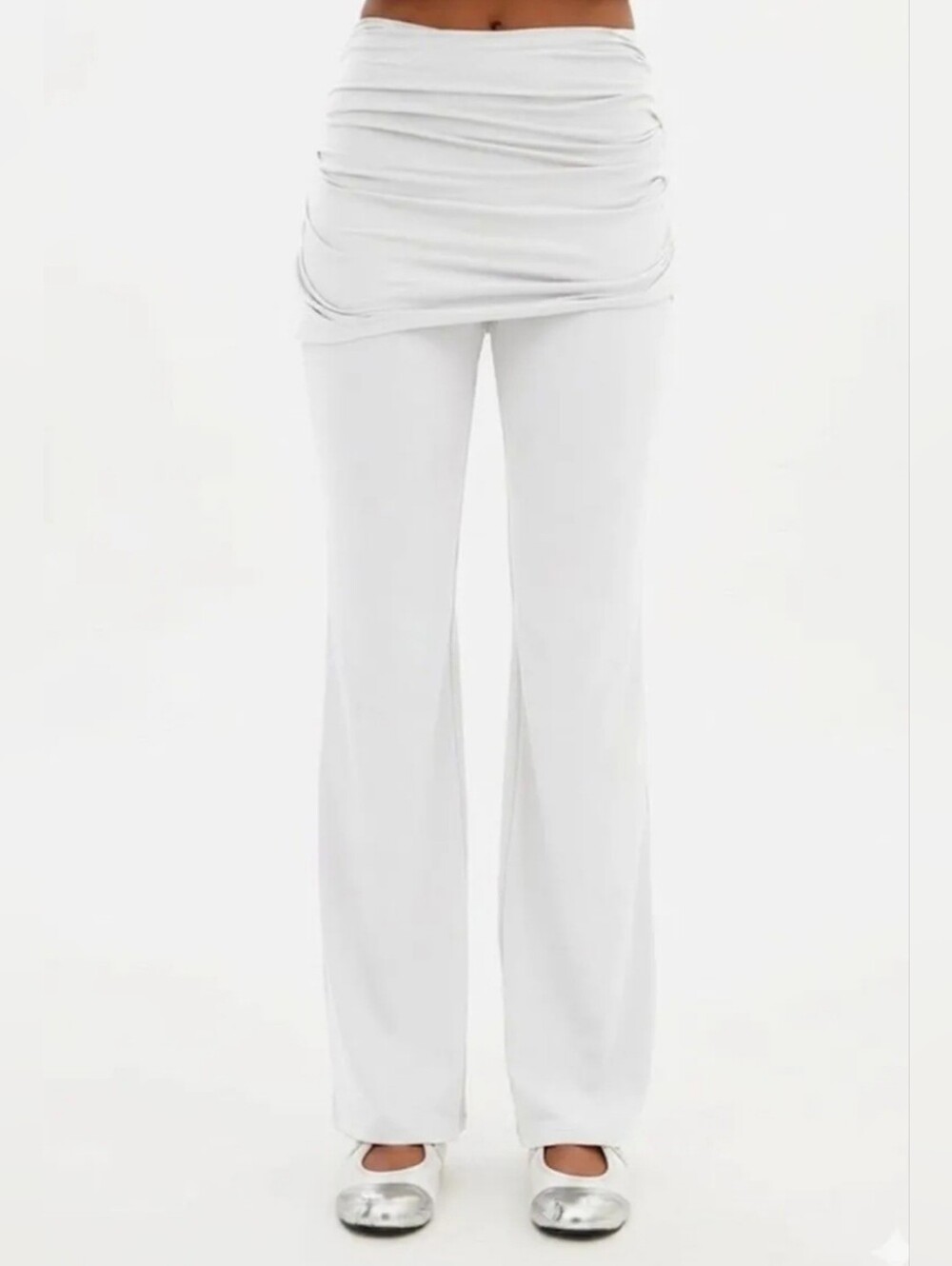 Girlfriend Collective White Ruched Skirt-Overlay Flare Leg Pants